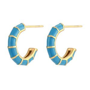 Blue Enamel Bamboo‎ C Shape Hoop Huggie Earrings 18K Gold Plated Stainless